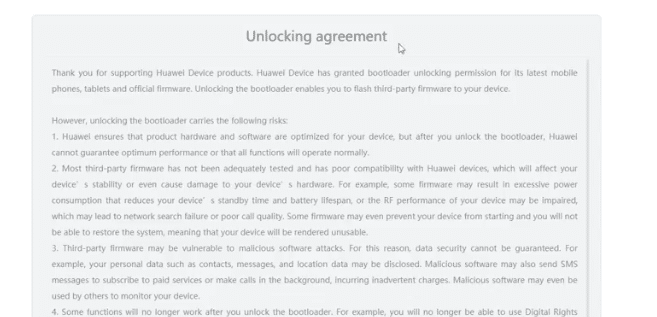 Huawei/Honor Unlock Agreement Page