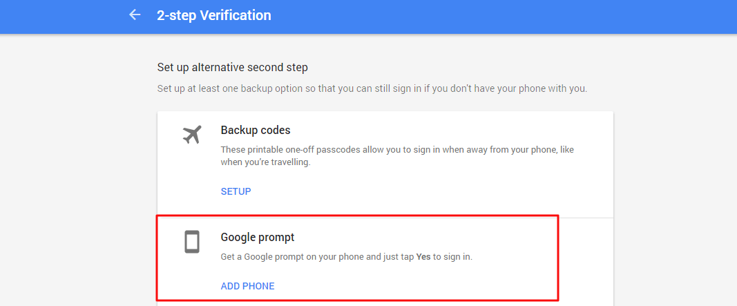 Set Up alternative Google prompt