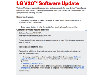 Verizon LG V20 VS99518A November 2017 Security Patch Update