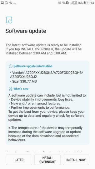 Galaxy A7 (2017) A720FXXU2BQK2 November 2017 security patch OTA Update