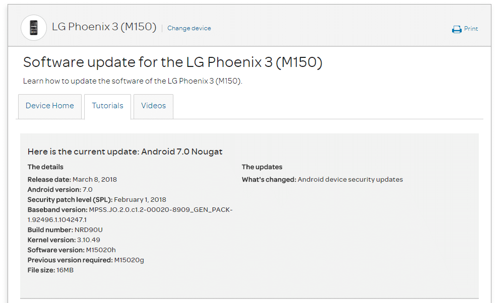 AT&T LG Phoenix 3 M15020h February 2018 Security Patch (OTA Update)