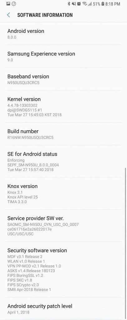 Galaxy Note 8 N950USQU3CRC5 April 2018 Security Update