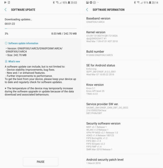Galaxy S9 G960FXXU1ARC5 March Security Patch OTA Update