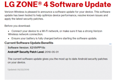 Verizon LG Zone 4 X210VPP10c May 2018 Security Patch (OTA Update)