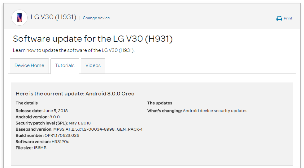 AT&T LG V30 H93120d May 2018 Security Patch Update (Oreo)
