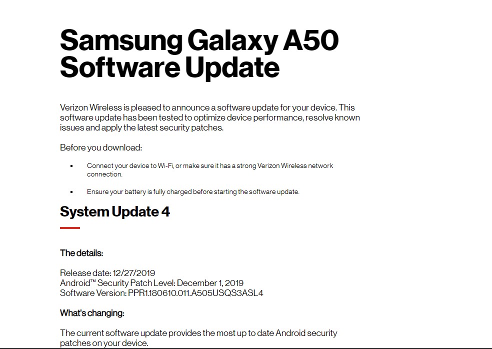 Galaxy A50 PPR1.180610.011.A505USQS3ASL4 Update Verizon