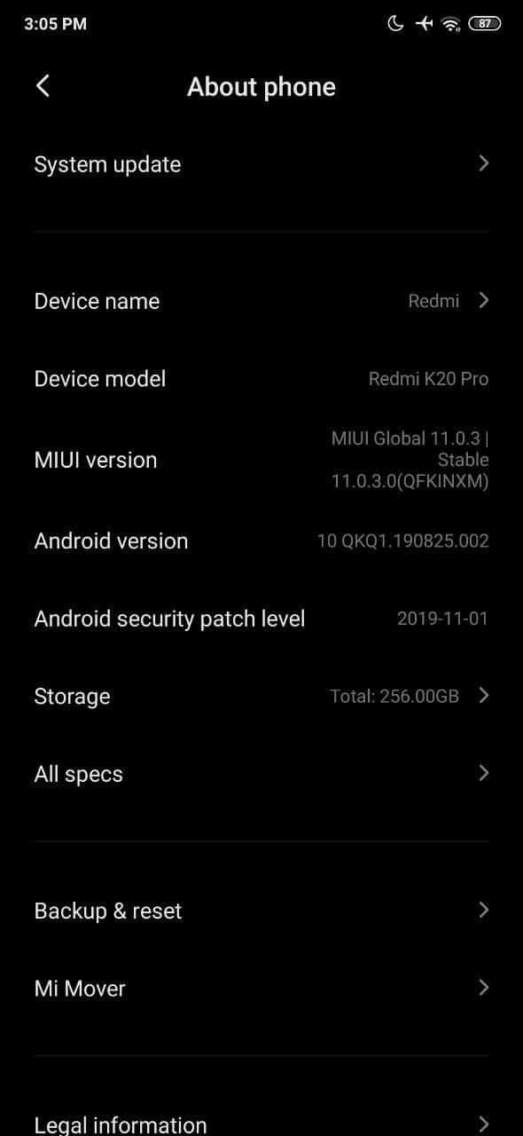 MIUI 11.0.3.0 Global Stable ROM On Redmi K20 Pro