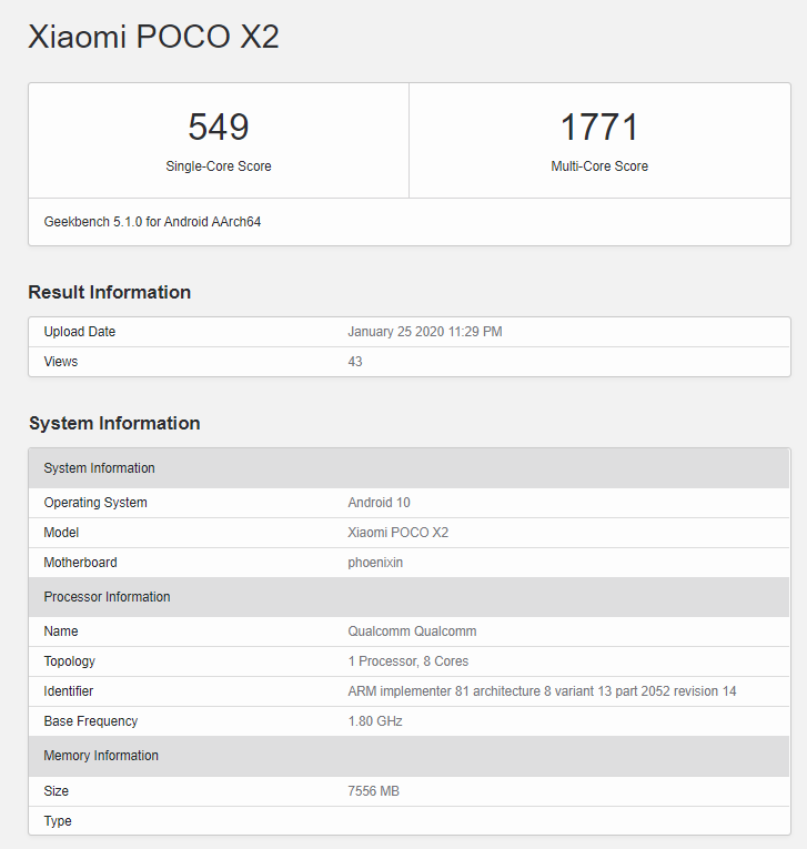 Poco X2 to come with 6GB and 8GB RAM variants, Geekbench scores confirmed.