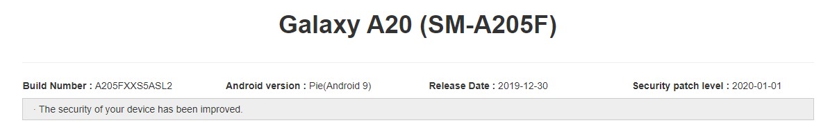 Galaxy A20 A205FXXS5ASL2 January 2020 update