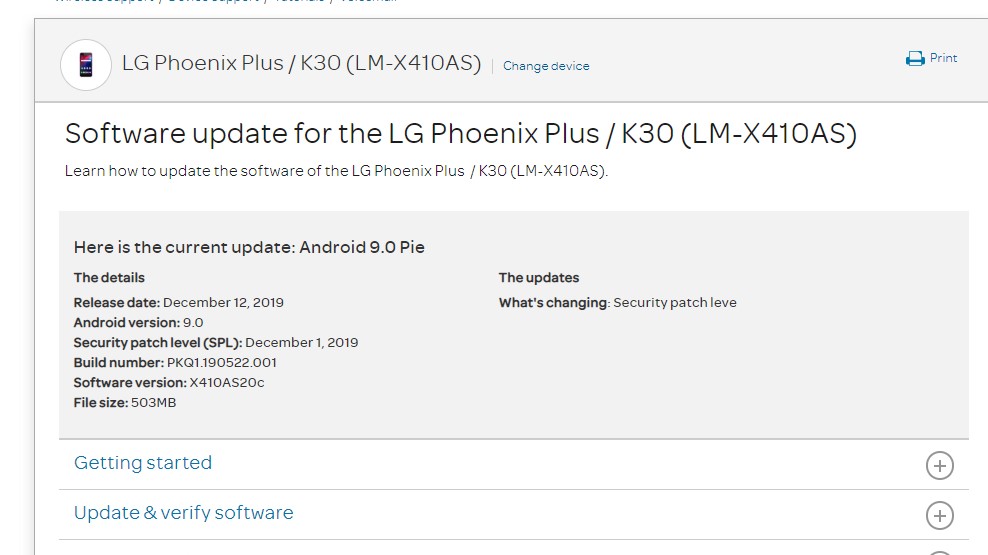 AT&T LG Phoenix Plus / K30 Gets X410AS20c December 2019 patch