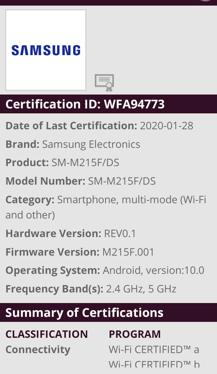 Samsung Galaxy M21 Spotted on Wifi certification with Android 10