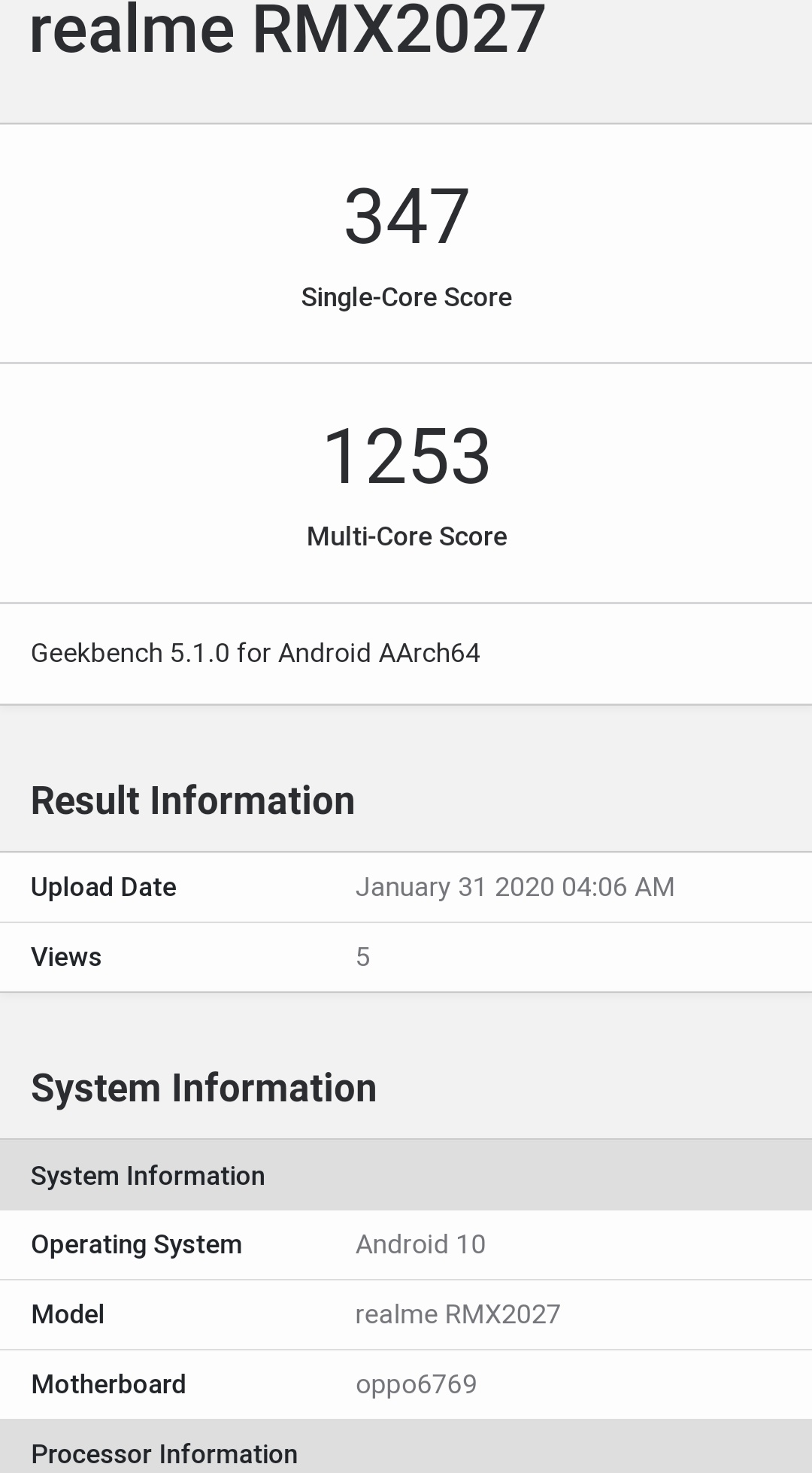 Realme RMX2027 spotted on the Geekbench with 4GB RAM, most likely Realme 6