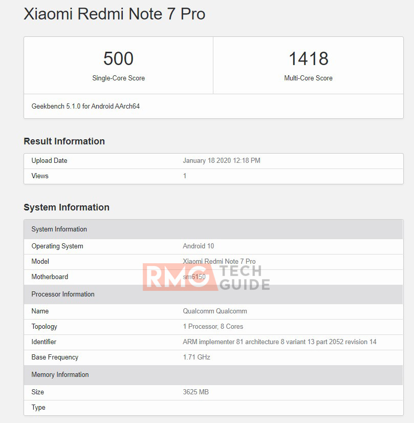 Redmi Note 7 Pro running Android 10 appears on Geekbench