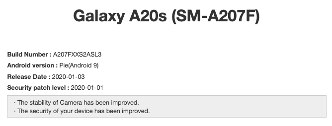 Galaxy A20s A207FXXS2ASL3 January 2020 update