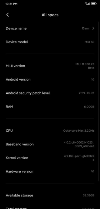 mi 8 se android 10 miui 9.10.23 about device