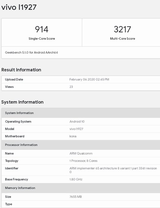 A New Vivo device appeared on Geekbench with Snapdragon 865