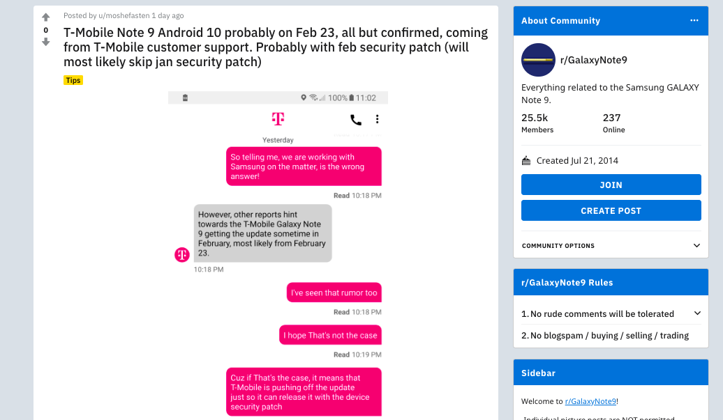 Reddit: Galaxy Note 9 Android 10 update will arrive on February 23