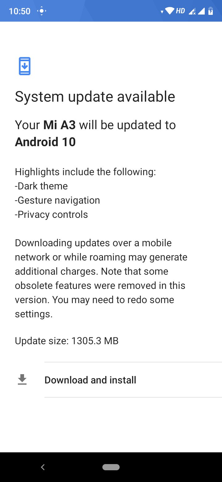 Mi A3 Android 10 Update Screenshot