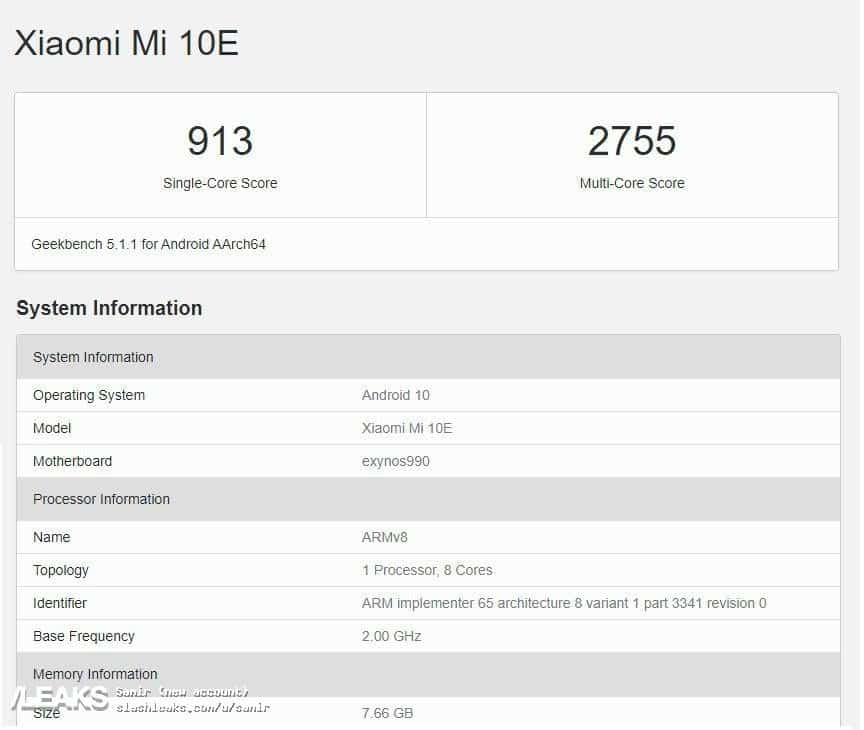 Xiaomi Mi 10E appeared on GeekBench
