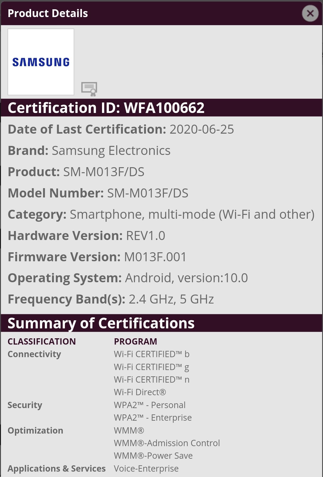 Galaxy M01 Core (SM-M013F/DS) bags Wi-Fi Alliance certification