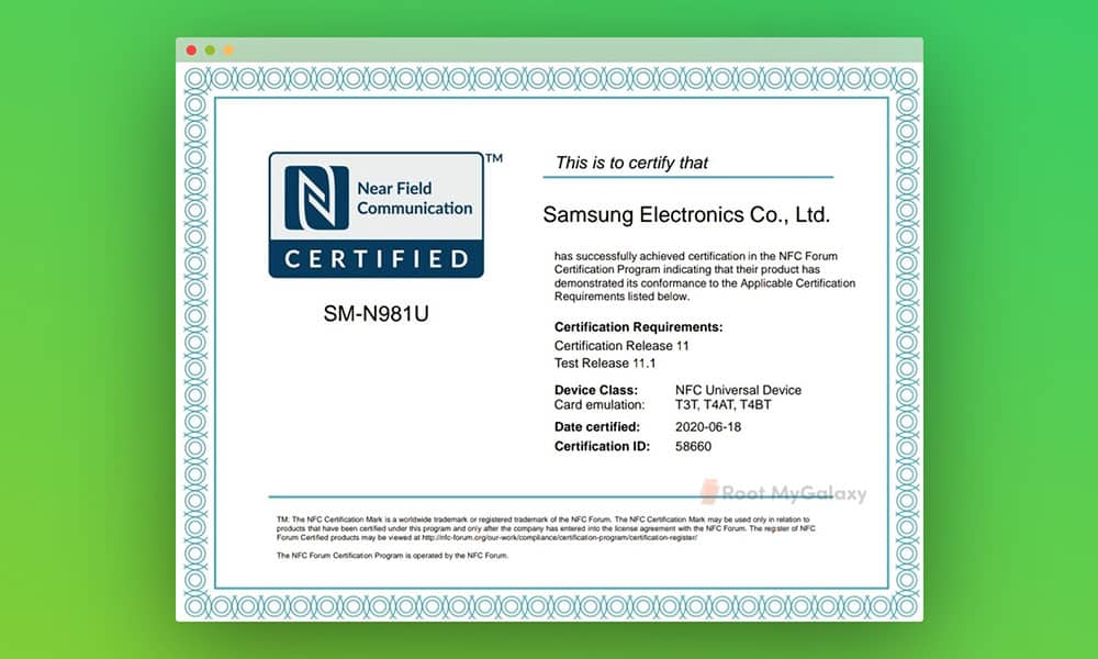 Note 20 NFC Certification