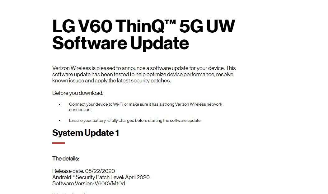 Verizon LG V60 ThinQ 5G april 2020 security patch update: V600VM10d 