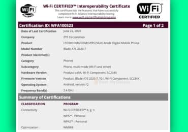 ZTE Blade A7s 2020 with Android Q bags Wi-Fi Alliance certification
