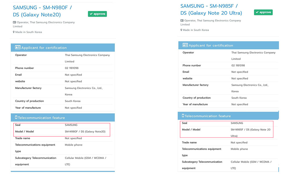 Galaxy Note 20 & Galaxy Note 20 Ultra LTE Variants visits NBTC confirming the monikers