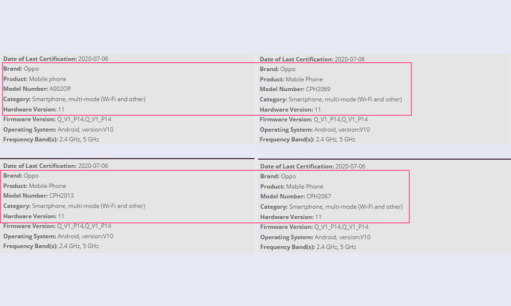 4 new Oppo devices spotted on WiFi Alliance with model number CPH2067, A002OP, CPH2069 and CPH2013 