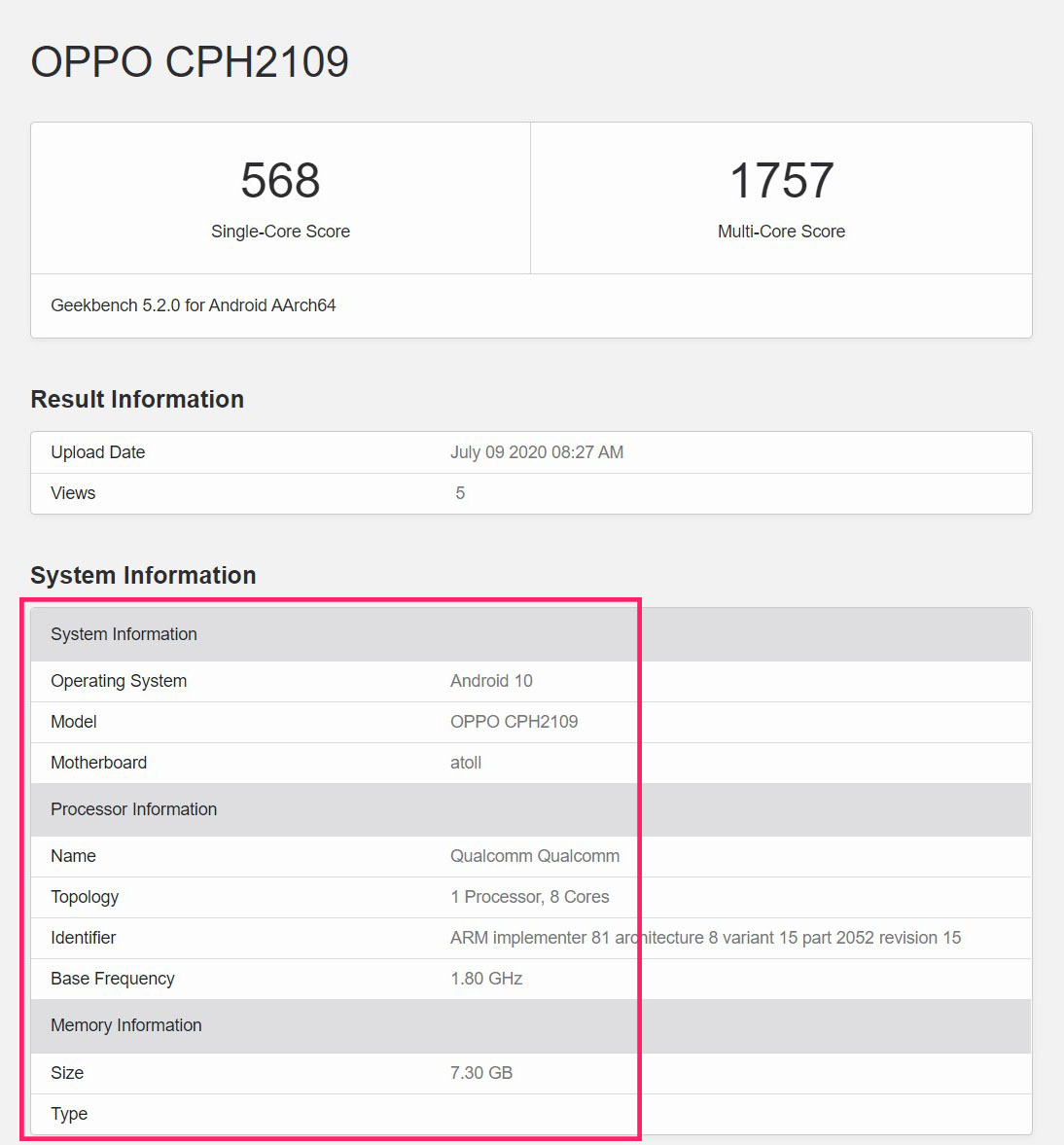 OPPO CPH2109, allegedly the Global variant of OPPO CPH2109 visits Geekbench