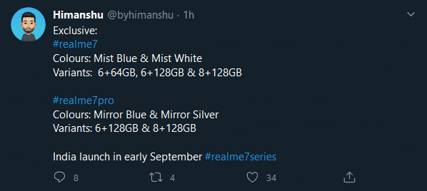 Realme 7, 7 Pro - colors, storage variants