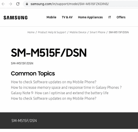 Samsung Galaxy M21 - support page (India)