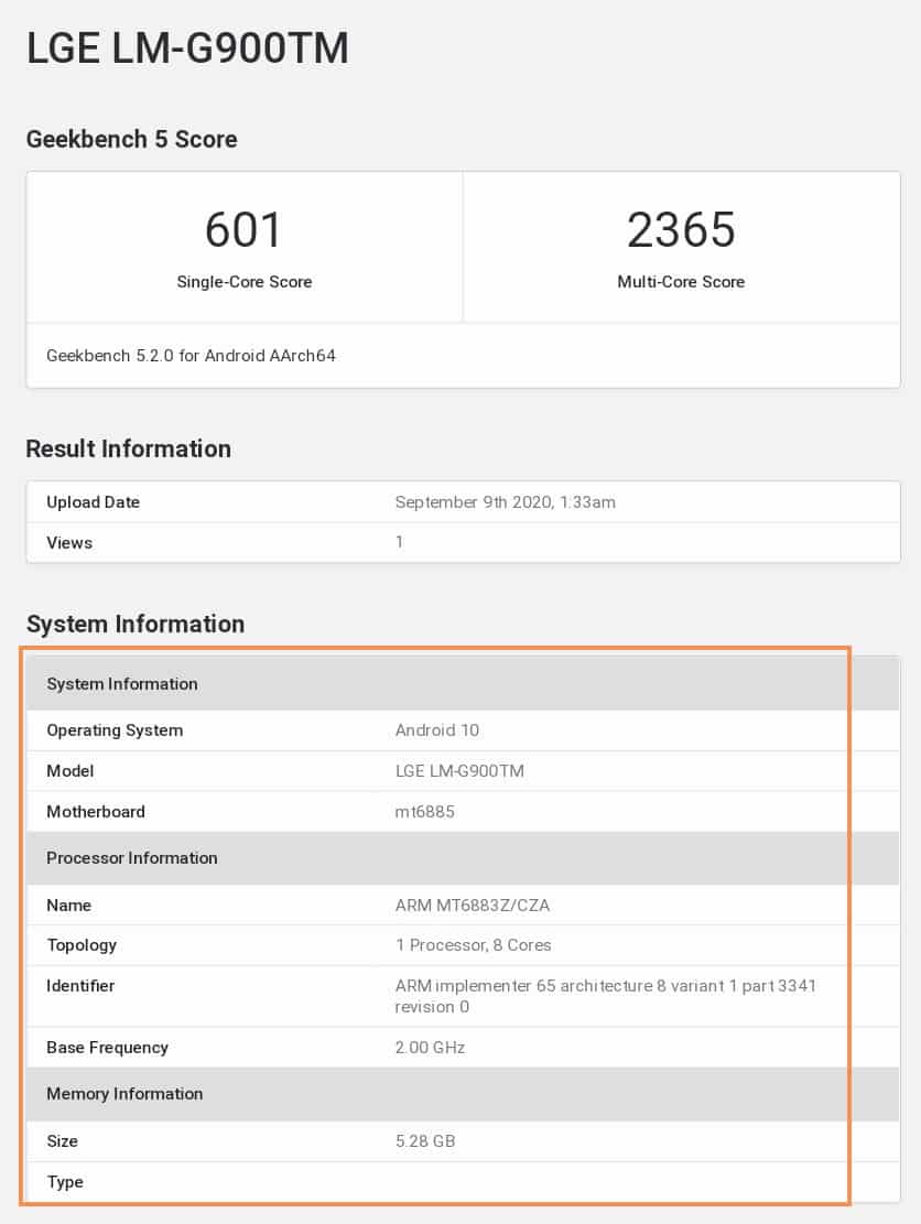 LG Velvet 5G with 6GB RAM and Dimensity 1000C listed on Geekbench