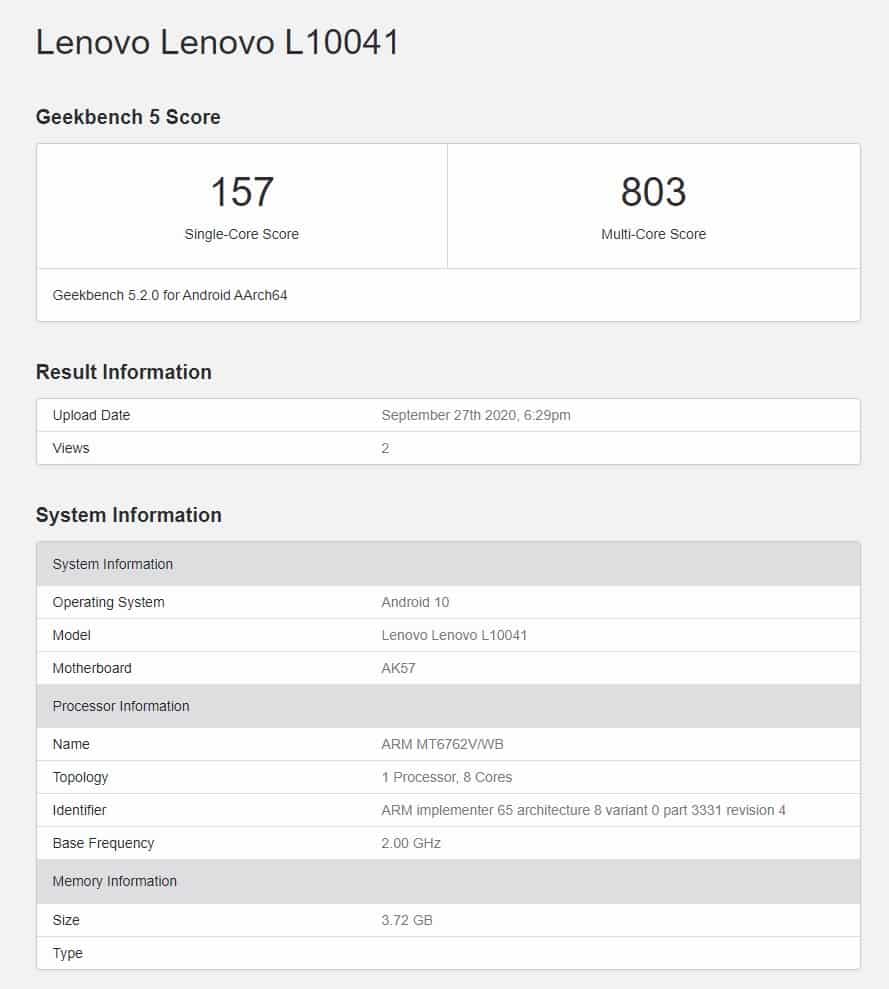 Lenovo A8 (L10041) with Helio P22, 4GB RAM and Android 10 spotted on Geekbench