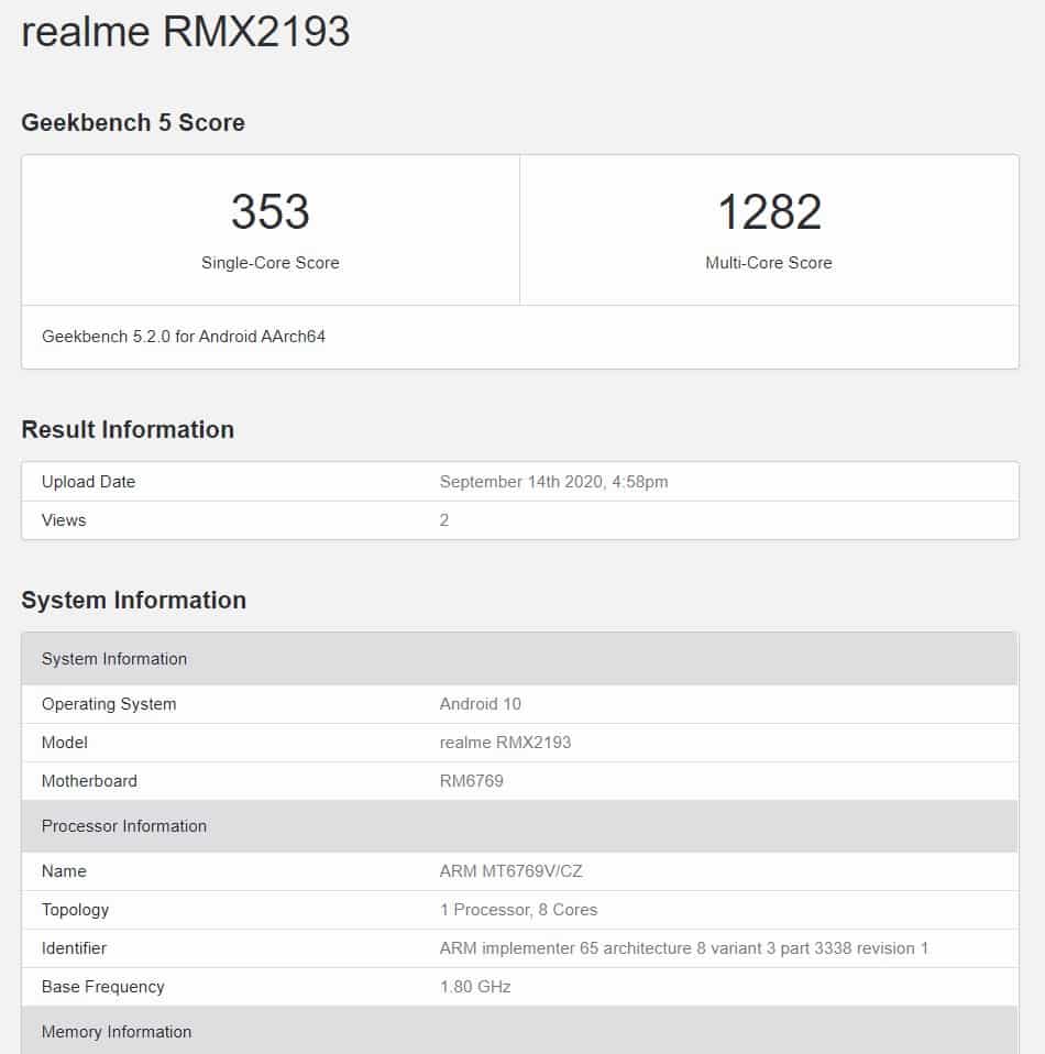 Realme Narzo 20 (RMX2193) visits Geekbench, reveals Helio G85 SoC and 4GB RAM