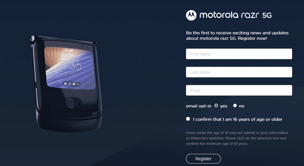Motorola Razr 5G - registration page