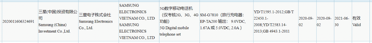 Samsung Galaxy S20 FE - 3C certificate