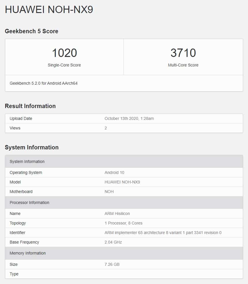 Huawei Mate 40 Pro with some key specifications spotted on Geekbench