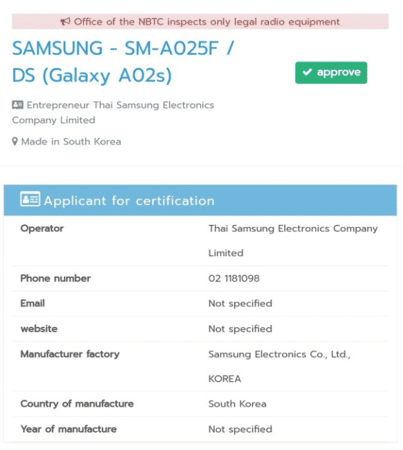 Samsung Galaxy A02s NBTC certificate