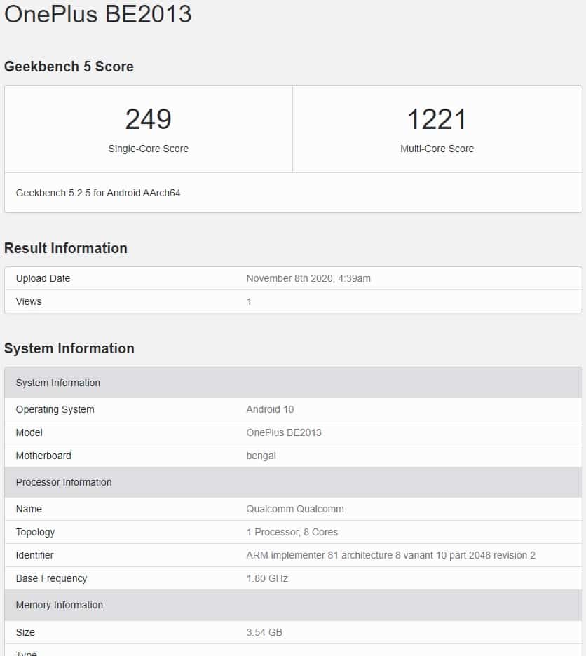 OnePlus Nord N100 Asian variant appears on Geekbench