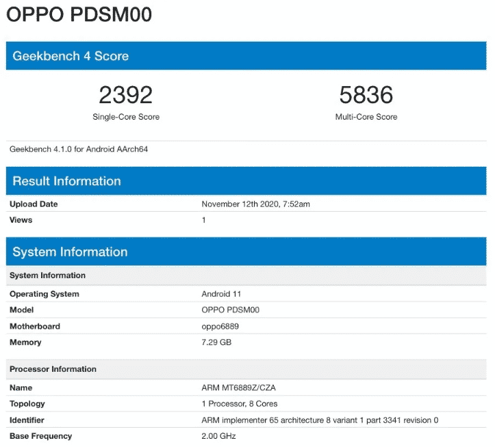 Oppo PSDM00 (Reno5 Pro) Geekbench result
