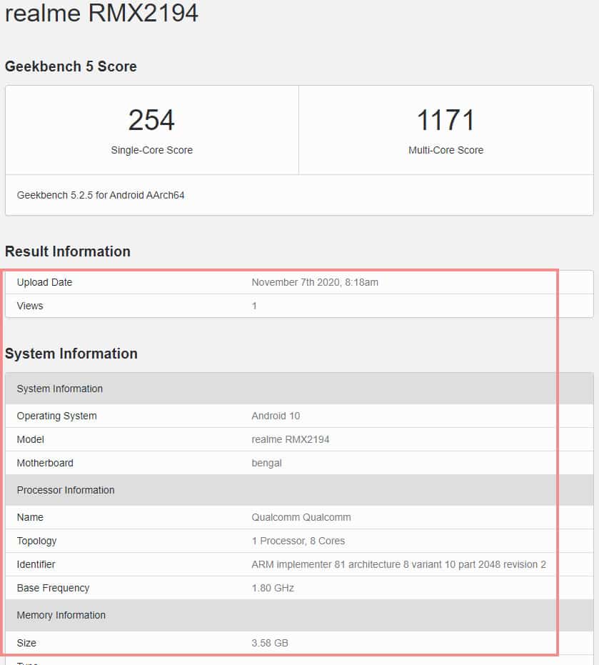 Mysterious Realme RMX2194 spotted on Geekbench with 4GB RAM and SD 460 SoC