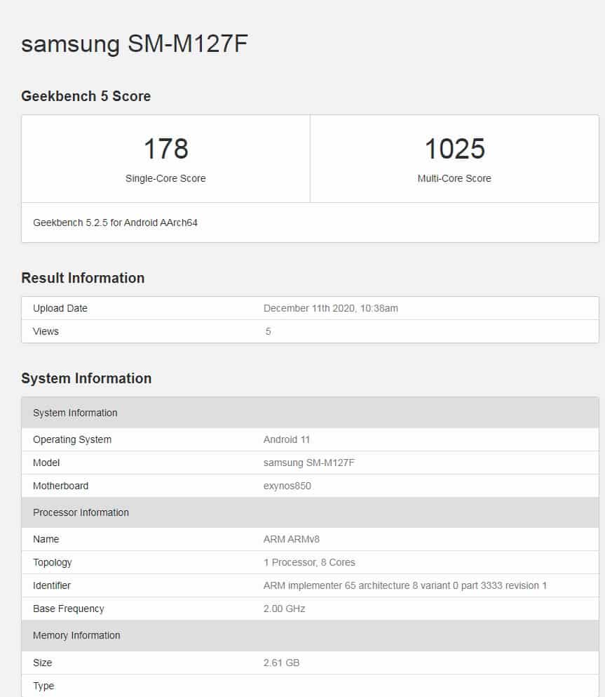 Samsung Galaxy M12 with Exynos 850 chipset and 3GB RAM spotted on Geekbench