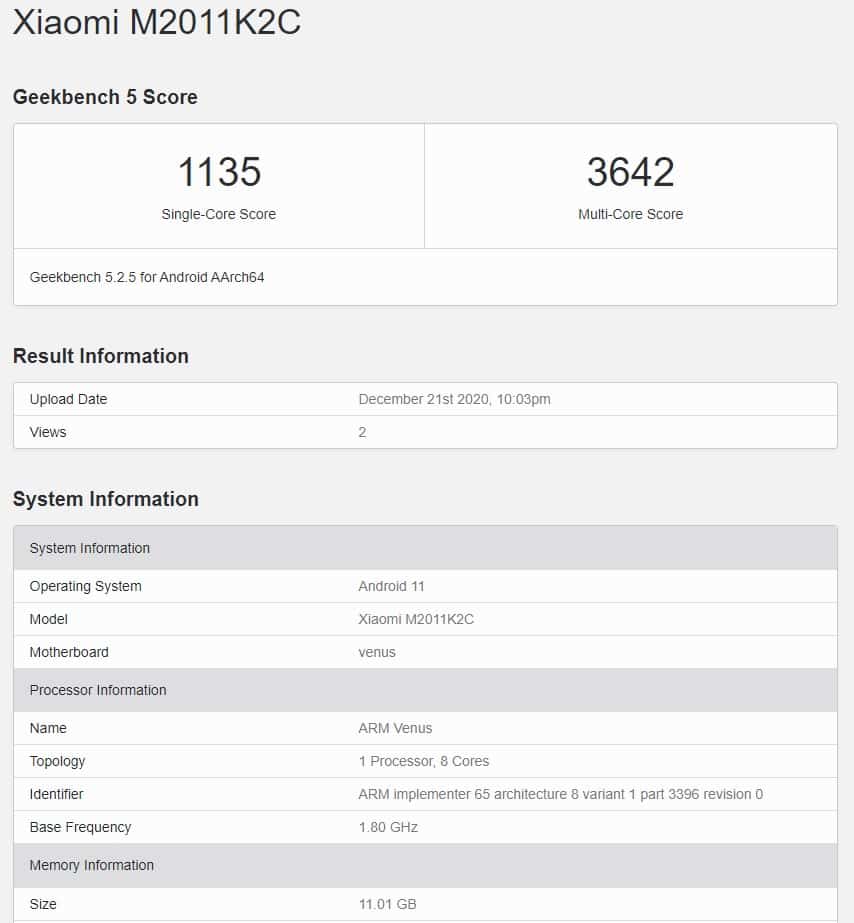 Xiaomi Mi 11 Geekbench listing