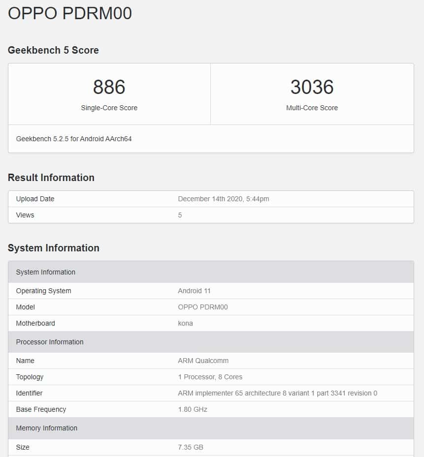 OPPO Reno 5 Pro+ spotted on Geekbench With 8GB RAM and SD 865