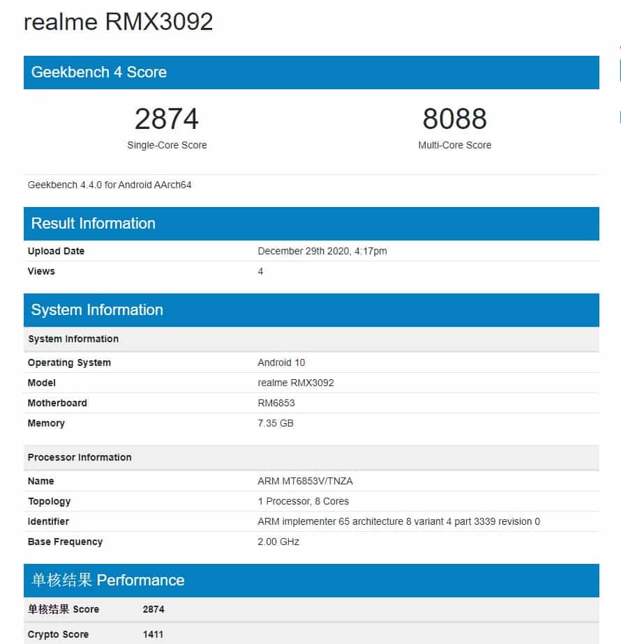 Alleged Realme 8 with model number RMX3092 spotted on Geekbench with 8GB RAM and Dimensity 720