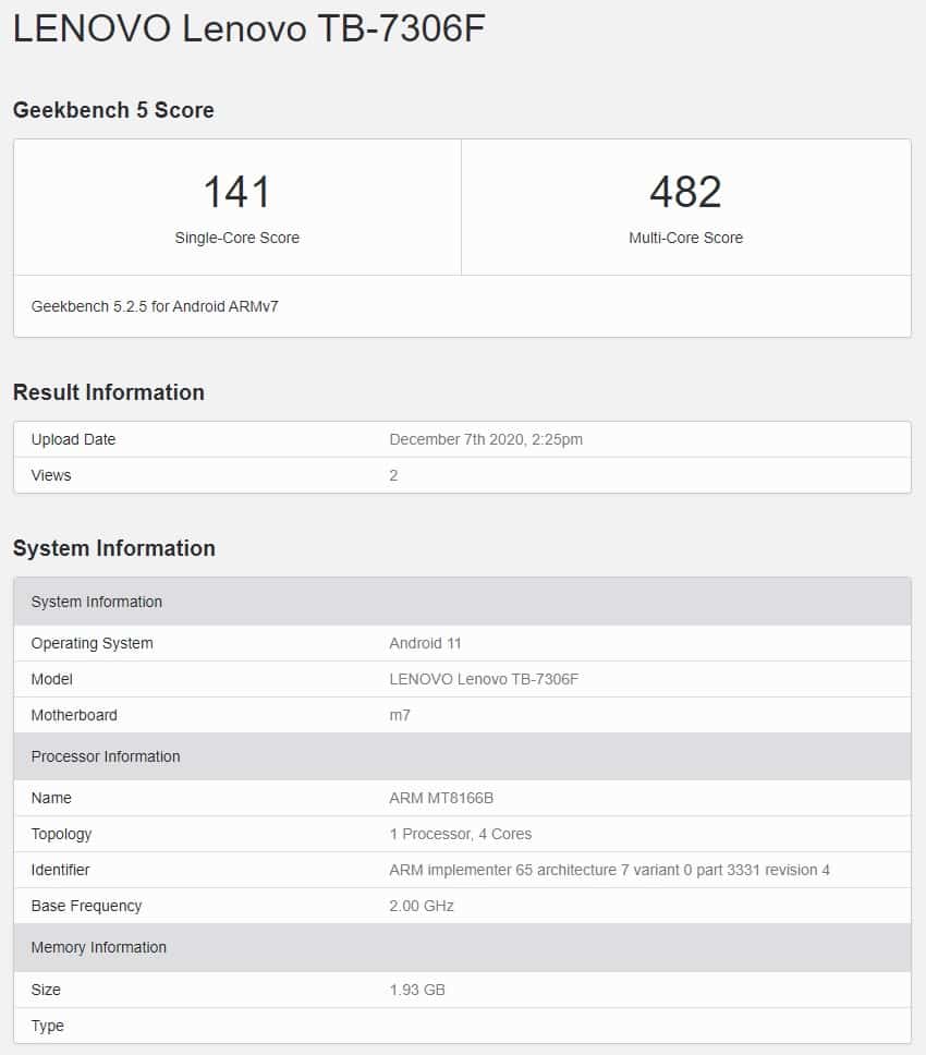 Mysterious Lenovo tablet (TB-7306F) spotted on Geekbench with Android 11 and 2GB of RAM