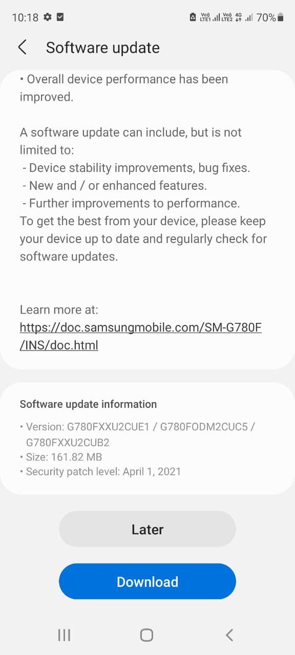 Galaxy S20 FE April 2021 security patch