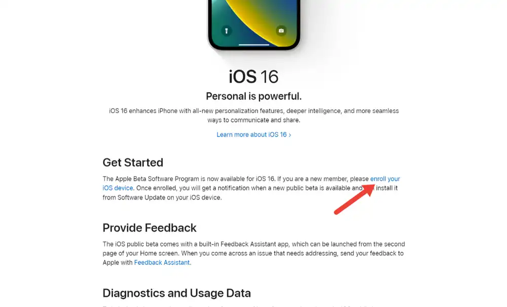 Enroll iOS 16 Public Beta