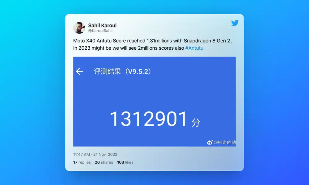 The Snapdragon 8 Gen 2 recorded a score of over 1.3 million on Antutu.